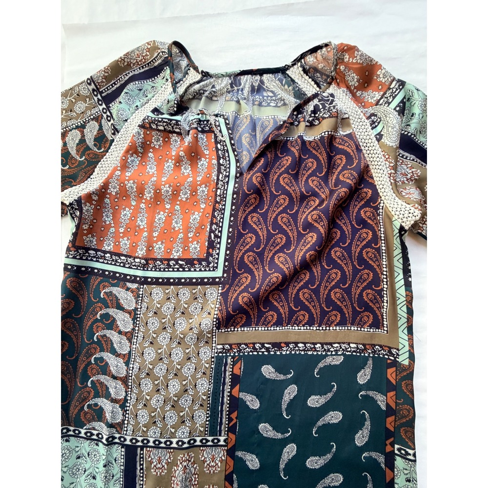 Boho Paisley Top Lightweight Split Neck 3/4‎ Sleeve Blouse Rust Navy Sage